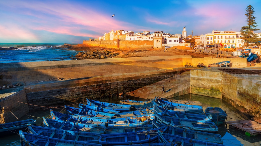 Fishing port and Essaouira town at the sunset time, Morocco