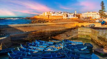 Fishing port and Essaouira town at the sunset time, Morocco