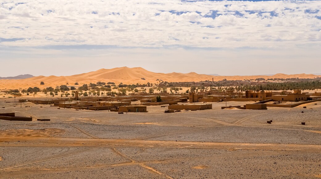 View over Merzouga village and sand dunes Morocco