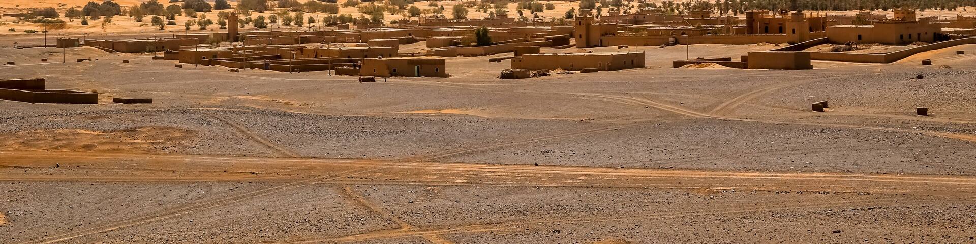 View over Merzouga village and sand dunes Morocco