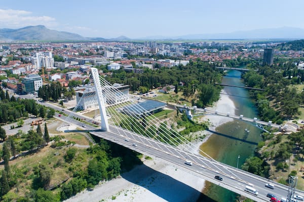 aerial view of Millennium bridge over Moraca river in Podgorica, Shutterstock ID 751491127, Purchase Order: SP-1996, Order Number: SP-1996 Go Guides, Client/Licensee: Hotels.com, Other: Supattra Laore