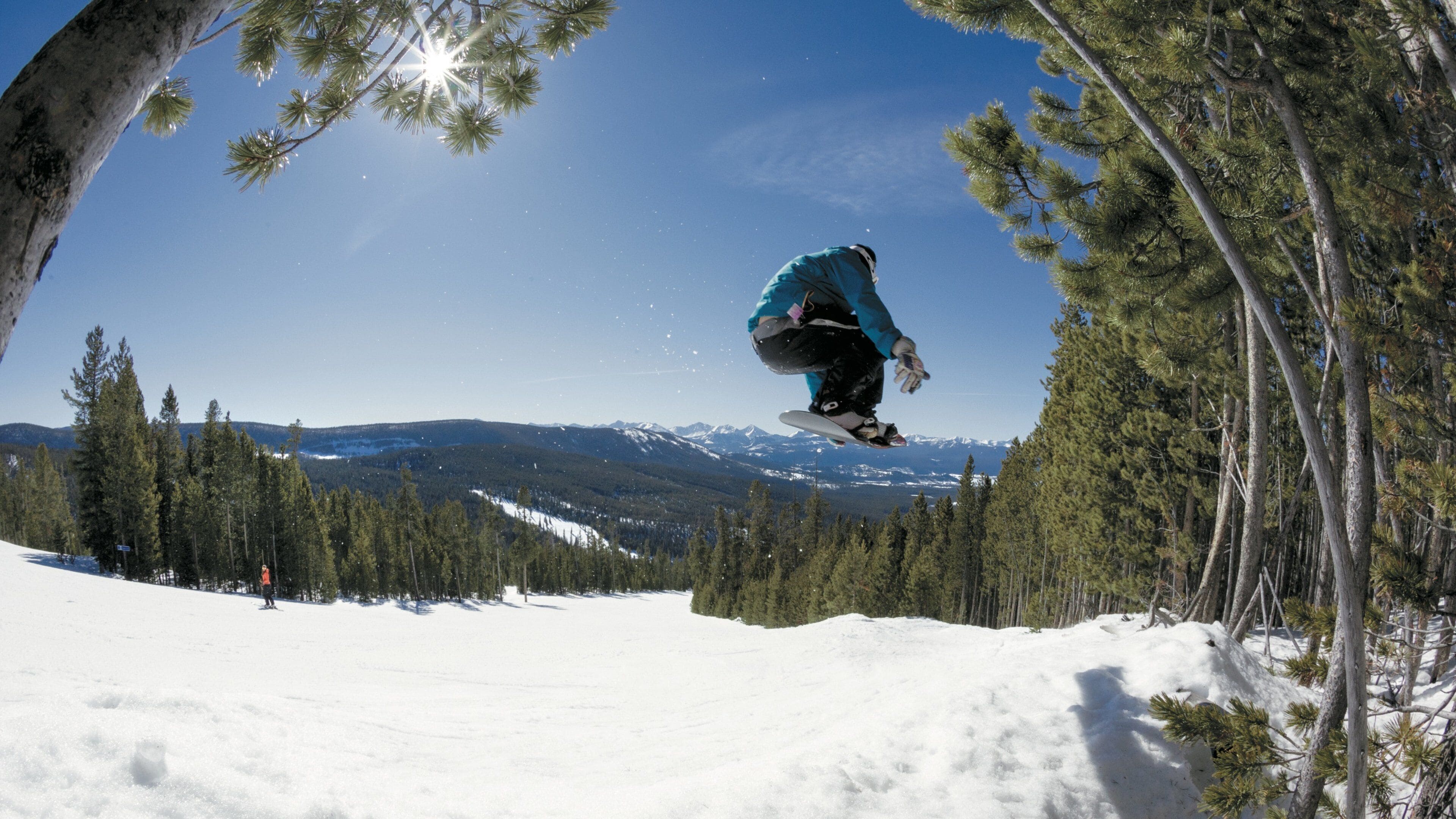 A snowboarder mid-air in a snowy forest with mountains in the background.