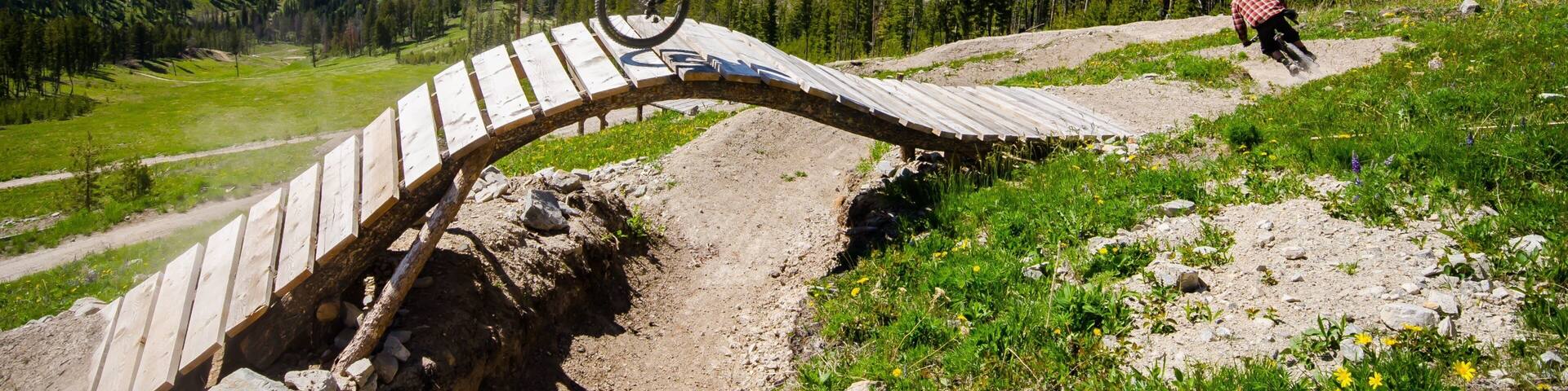 Un ciclista de montaña en una rampa de madera con una vista panorámica de montañas y bosques al fondo.