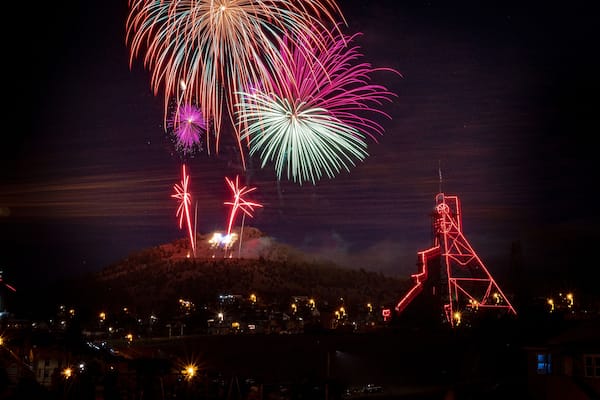 Butte Montana on the 3rd or 4th of July. Fireworks being shot over Montana Tech.