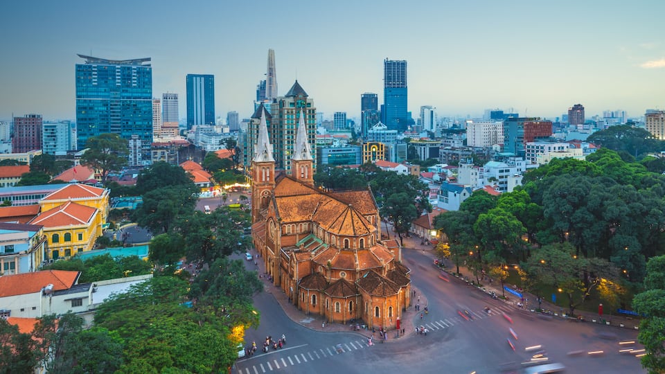 Notre Dame Cathedral Basilica of Saigon, the red church in Ho Chi Minh City, Vietnam