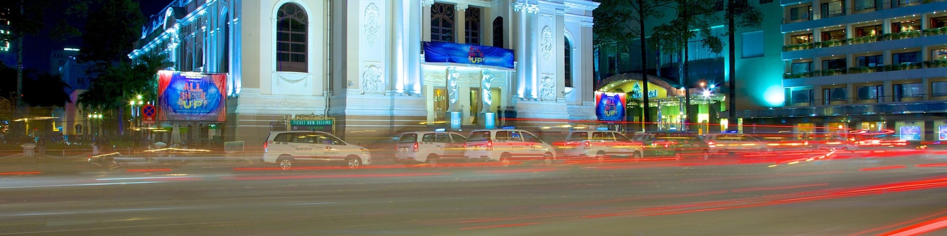 Opera House showing night scenes, street scenes and a city