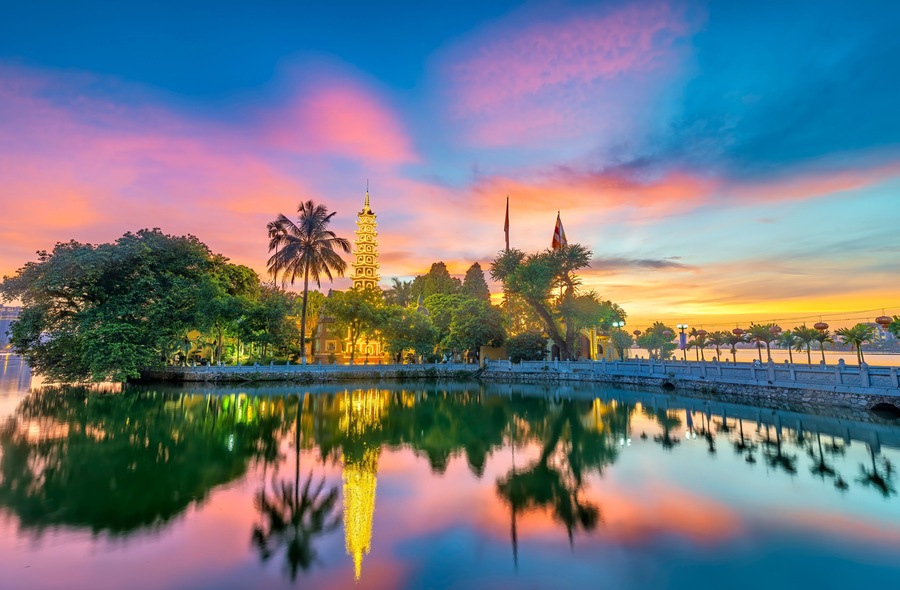 Tran Quoc pagoda in the afternoon in Hanoi, Vietnam. This pagoda locates on a small island near the southeastern shore of West Lake. This is the oldest Buddhist temple and tourist destination in Hanoi
