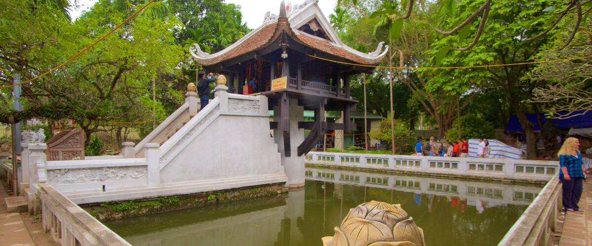One Pillar Pagoda which includes a garden and a pond