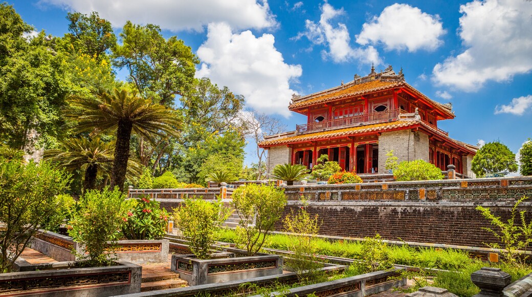 Minh Lau pavilion and Trung Dao bridge at Minh Mang Emperor Tomb in Hue, Vietnam
