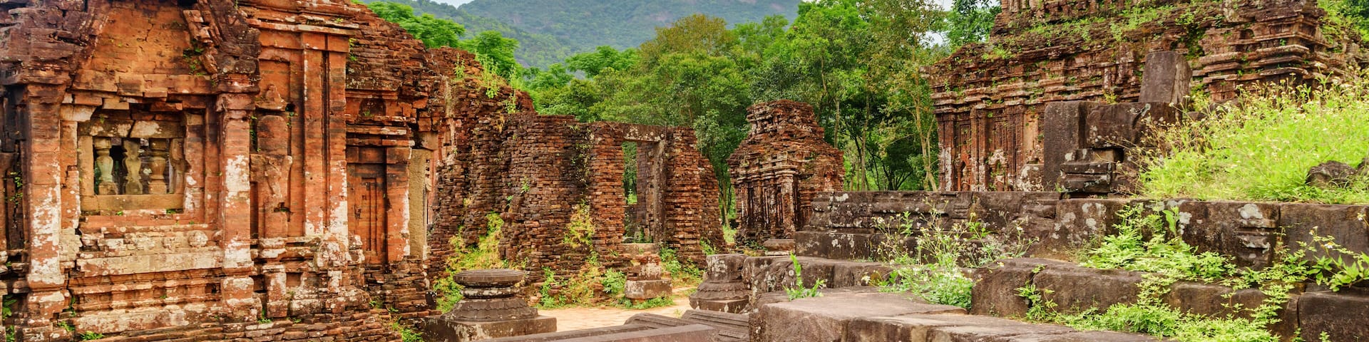 Ruinas antiguas con columnas y estructuras de piedra, rodeadas de vegetación exuberante y montañas al fondo.