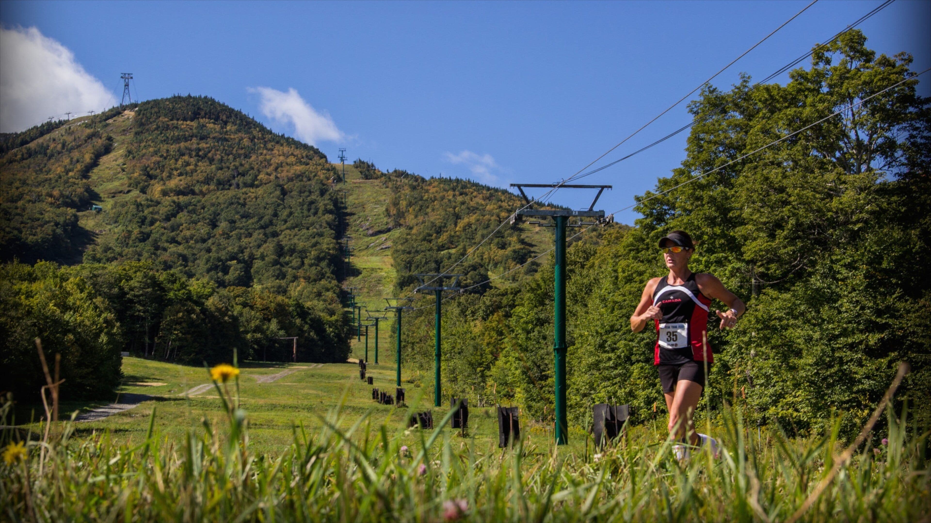 A hiker on a trail with a mountainous backdrop and power lines.