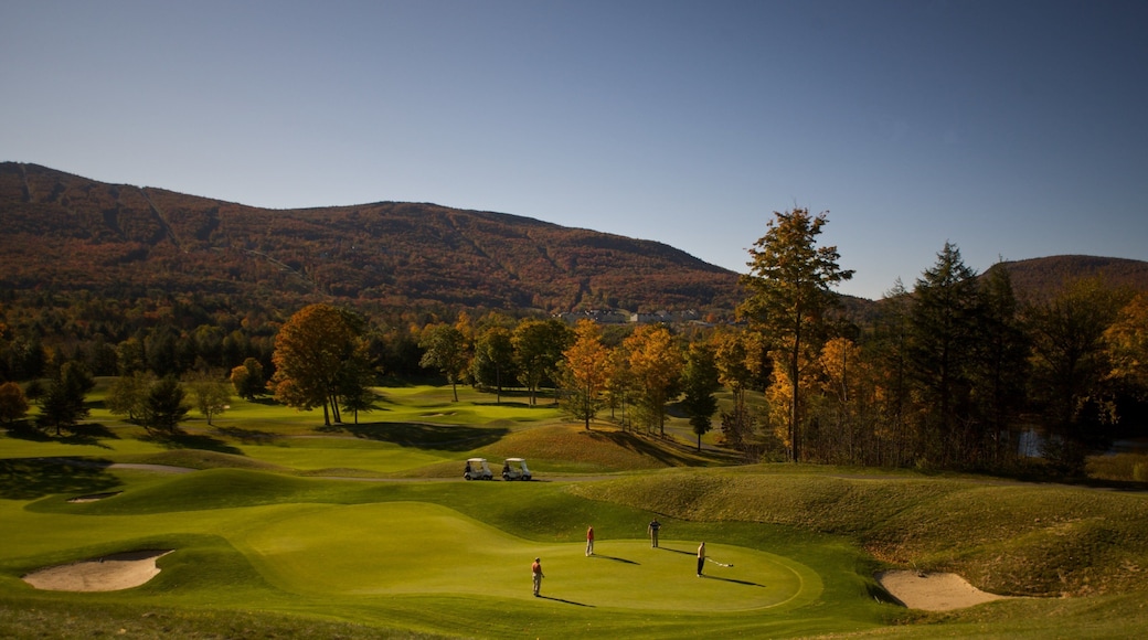Club de golf Okemo Valley mostrando los colores del otoño y golf y también un pequeño grupo de personas