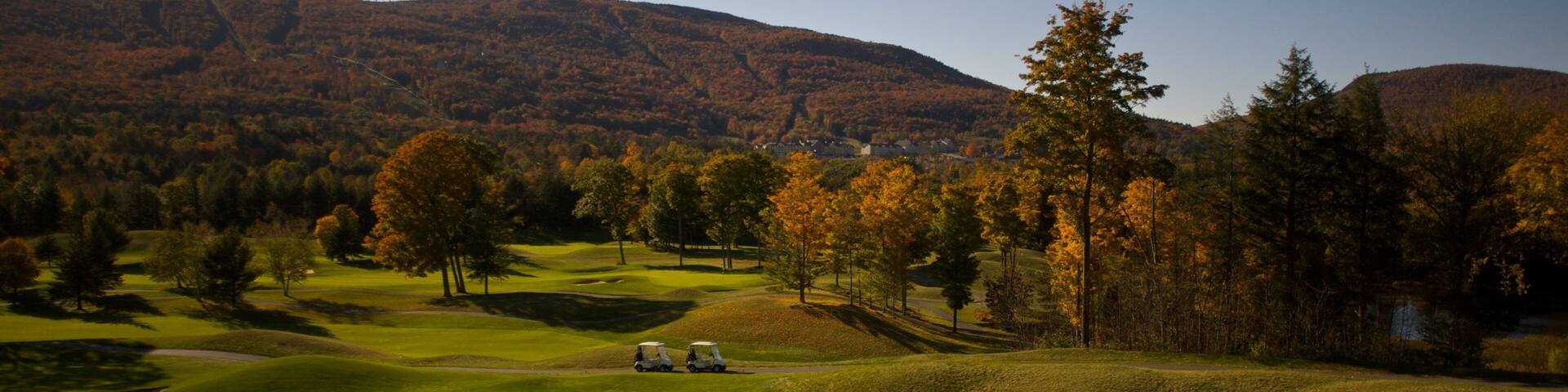 Okemo Valley Golf Club showing fall colors and golf as well as a small group of people