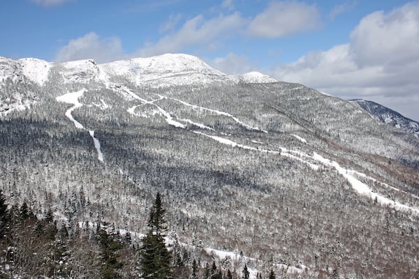 Stowe Mountain Resort qui includes scènes forestières, neige et montagnes