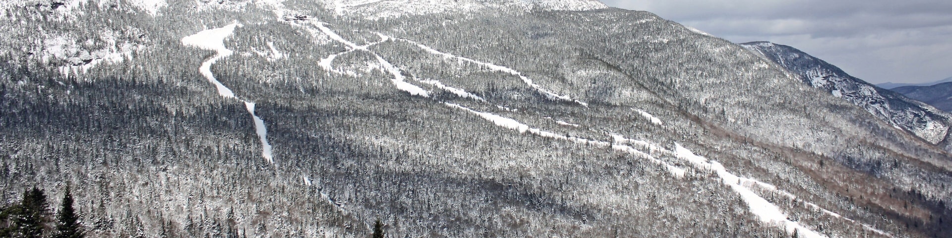 Stowe Mountain Resort caracterizando cenas de floresta, montanhas e neve