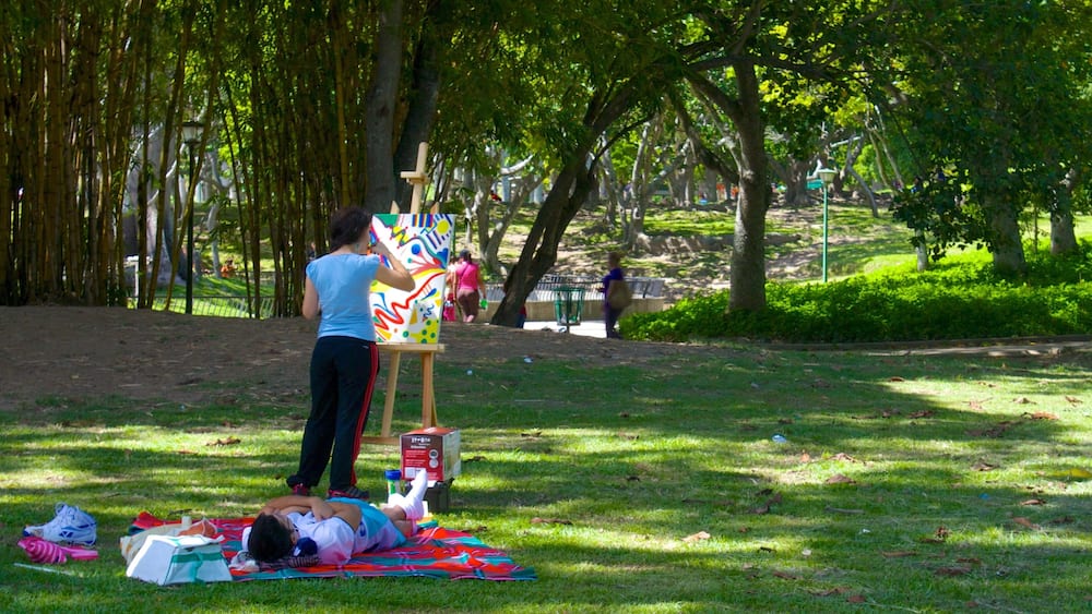A person painting on a canvas in a park with trees and grass.
