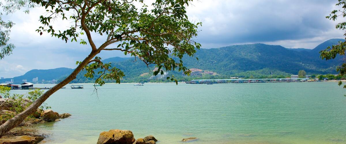Penang National Park which includes a sandy beach, tropical scenes and a bay or harbor