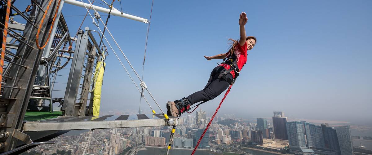 Macau Tower which includes a city and bungee jumping as well as an individual femail