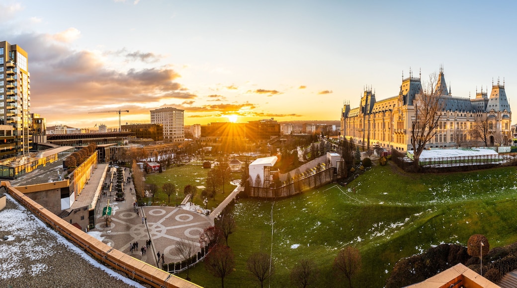 Panoramic view of Cultural Palace and central square in Iasi city, Romania