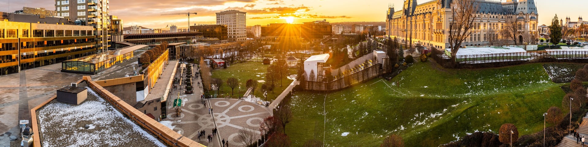 Panoramic view of Cultural Palace and central square in Iasi city, Romania