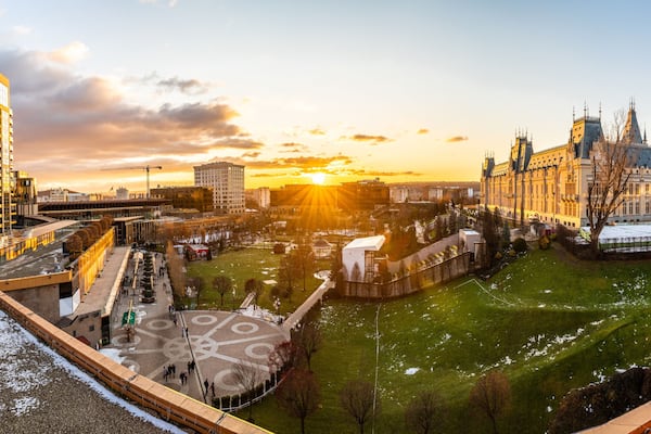 Panoramic view of Cultural Palace and central square in Iasi city, Romania