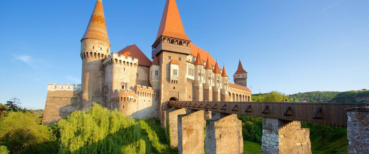 A historic castle with multiple towers and a bridge.