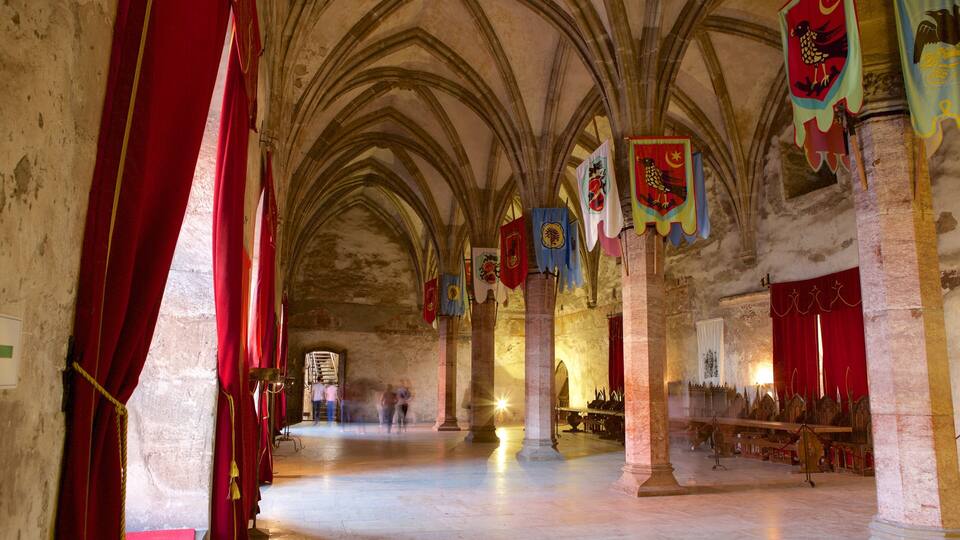 A cathedral interior with high vaulted ceilings, red drapes, and colorful banners.