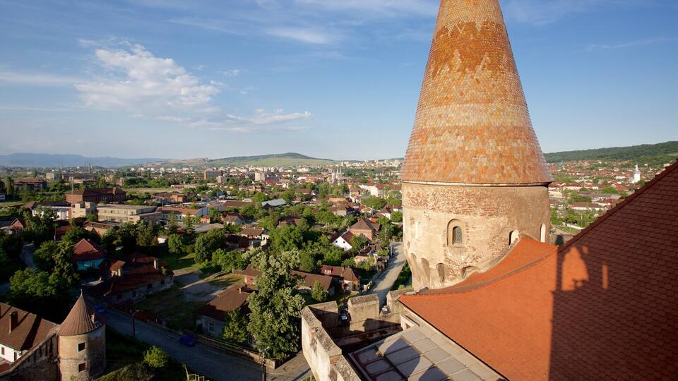 A town with a prominent tower, surrounded by houses and greenery.