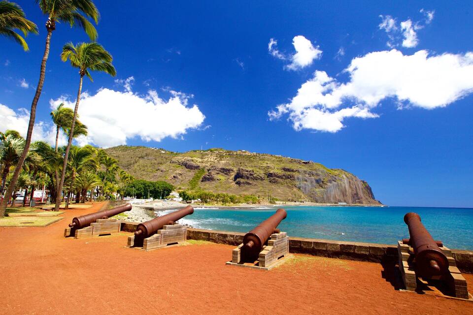Zona costera con palmeras, una playa arenosa y tres cañones.