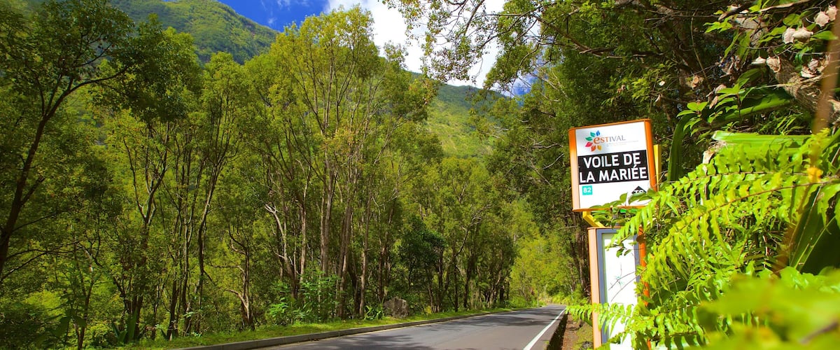 A road with a sign reading "Voie de la Marie" and lush green trees.