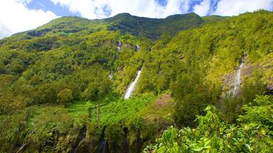 A lush green mountain with multiple waterfalls cascading down its slopes.