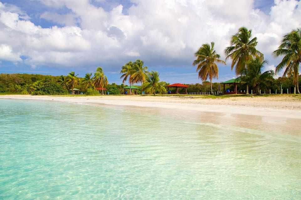 Uma praia tropical com águas turquesa cristalinas, palmeiras e cabanas de praia.