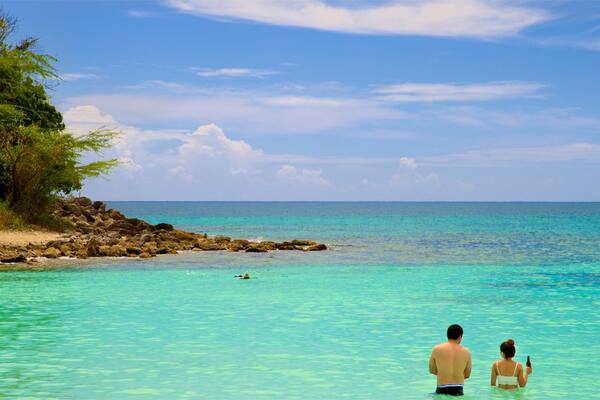 Un couple se trouve dans une eau turquoise et limpide, sur une plage rocheuse bordée d’arbres.