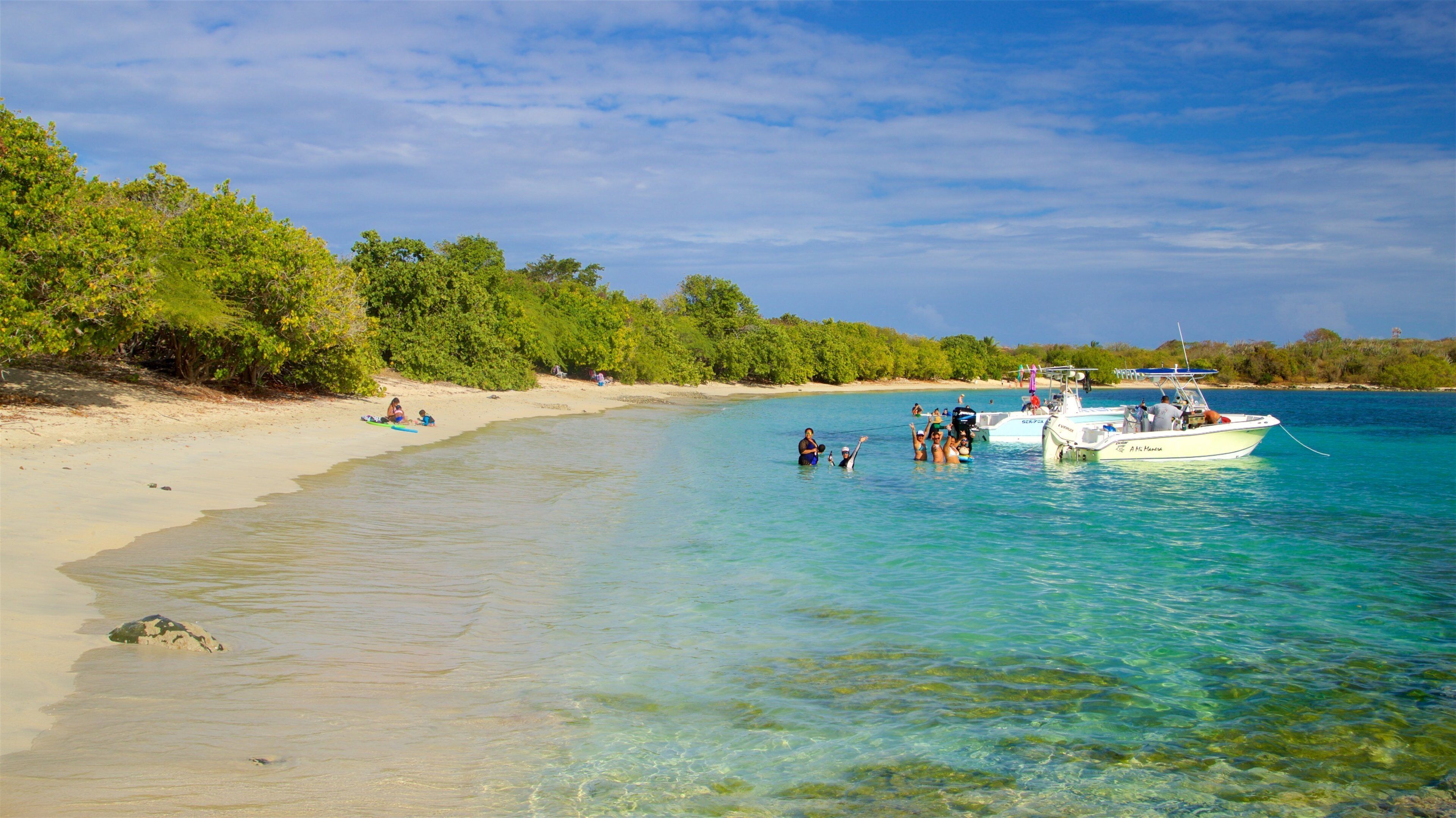 A beach with clear turquoise water, a boat anchored near the shore, and lush green vegetation along the coastline.