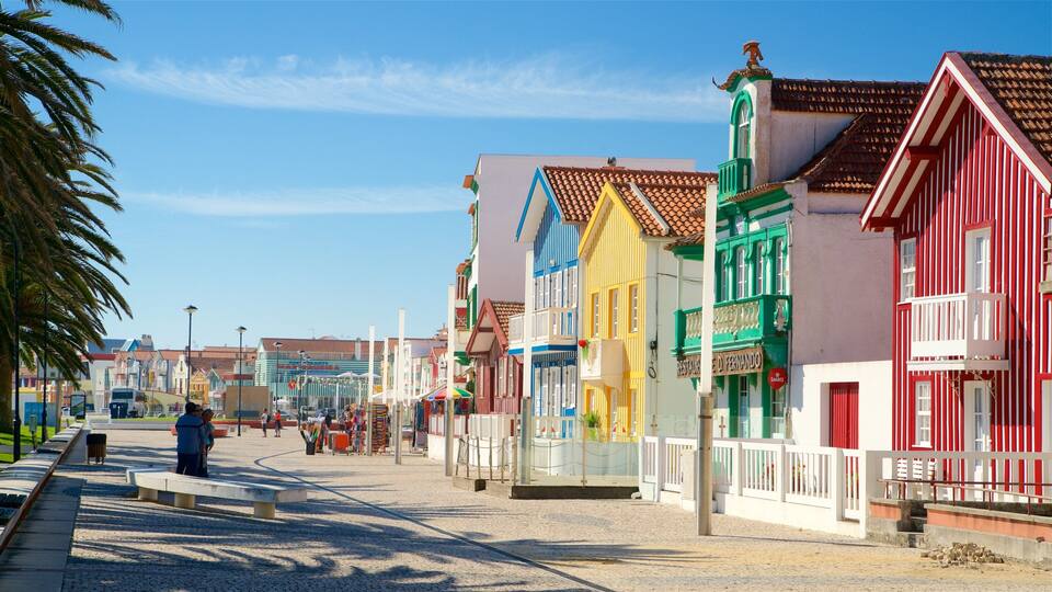A colorful street lined with buildings, palm trees, and a clear blue sky.