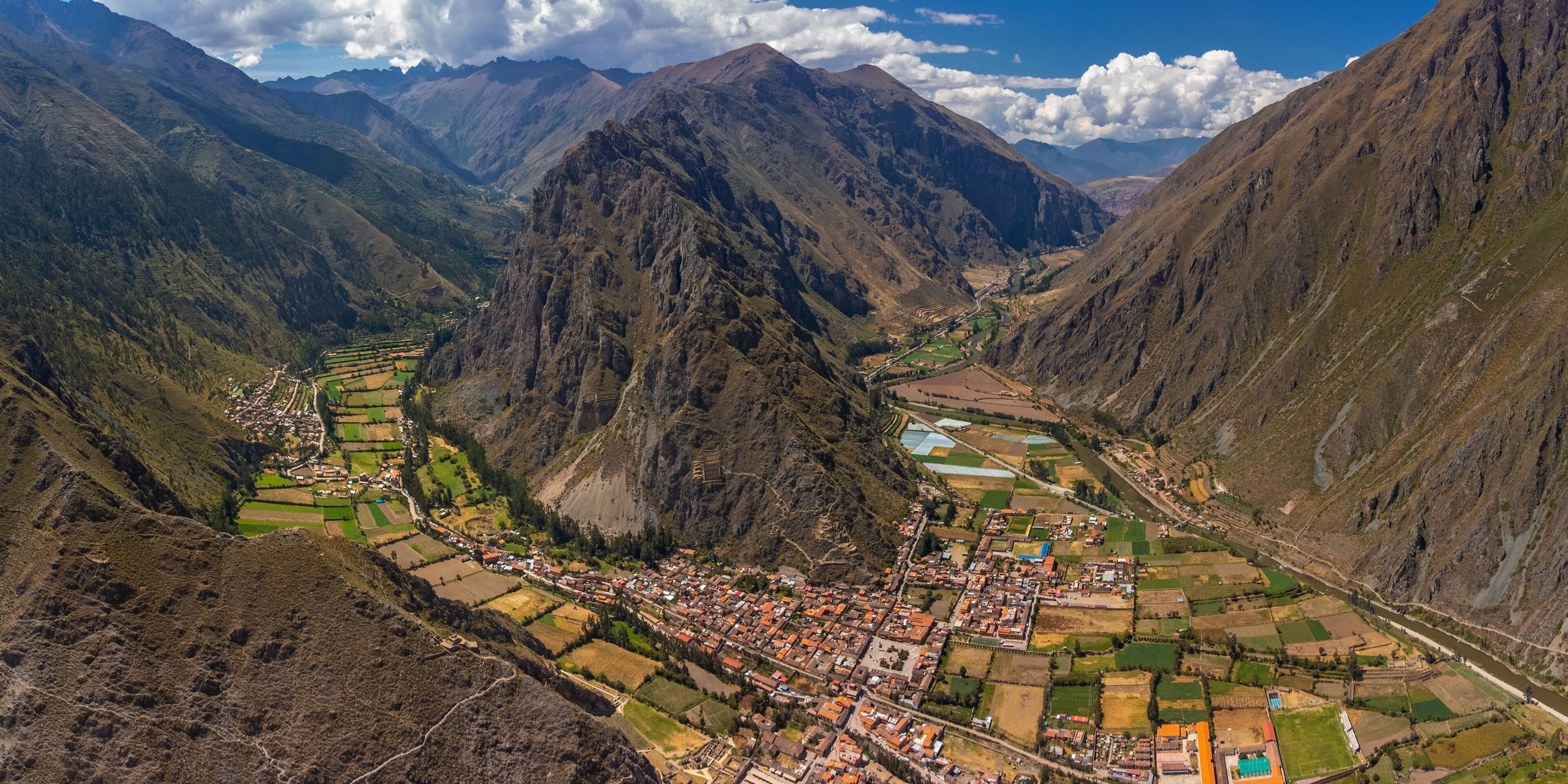 Aerial view of the archaeological site of Ollantaytambo in the Sacred Valley of Cusco. Peru