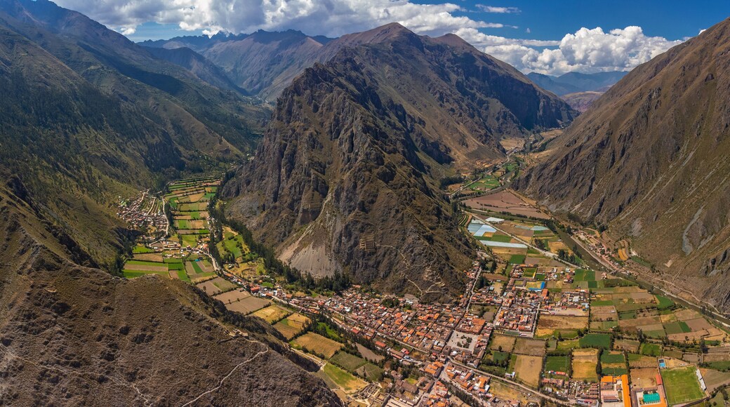 Aerial view of the archaeological site of Ollantaytambo in the Sacred Valley of Cusco. Peru