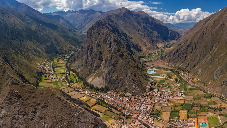 Aerial view of the archaeological site of Ollantaytambo in the Sacred Valley of Cusco. Peru