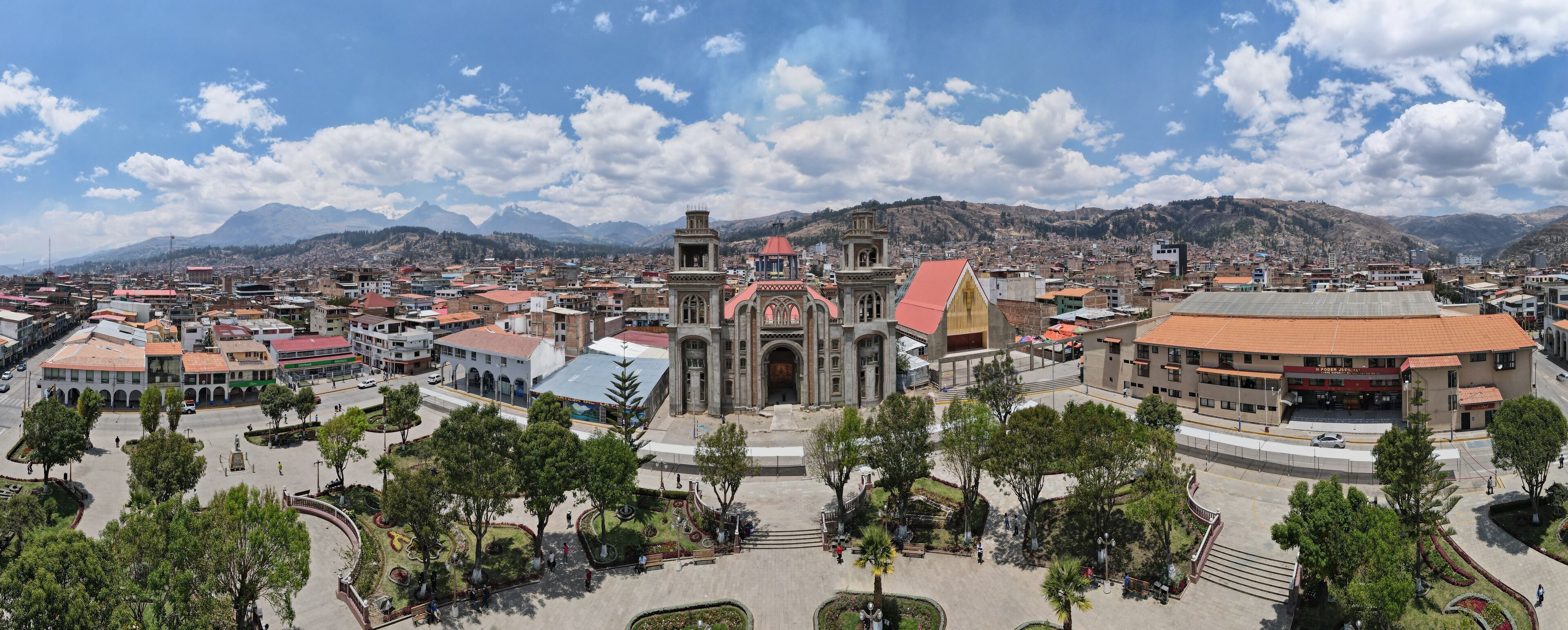 Beautiful panoramic aerial view of the Huaraz Cathedral in the Peruvian Andes