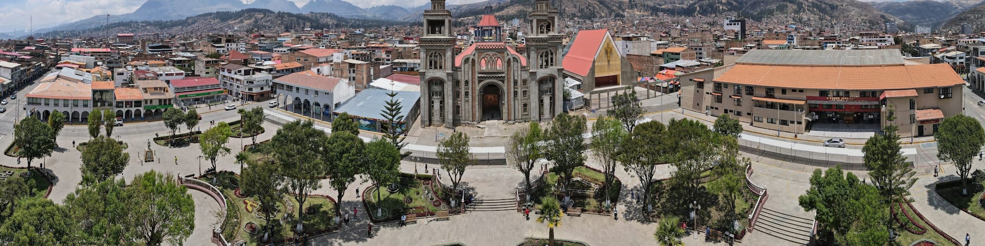 Beautiful panoramic aerial view of the Huaraz Cathedral in the Peruvian Andes