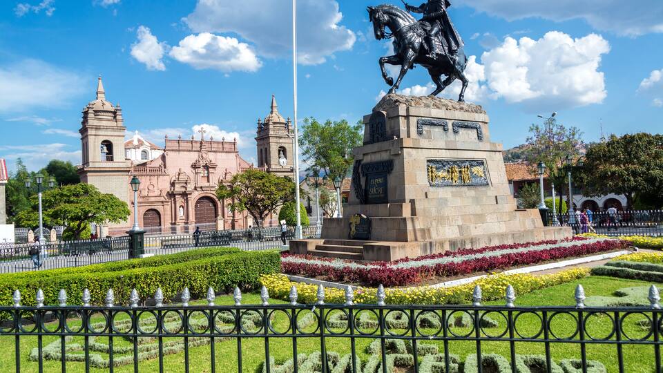 The Plaza de Armas with the cathedral in the background in Ayacucho, Peru