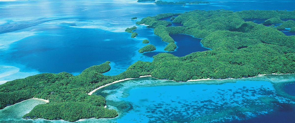 An aerial view of a tropical island with lush green forests, clear blue waters, and a sandy beach.