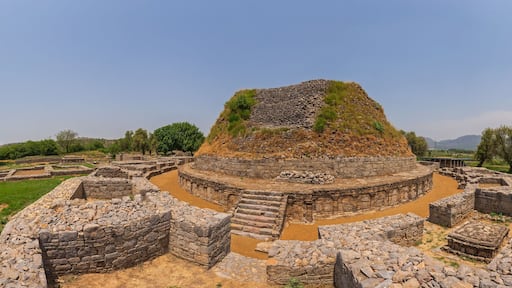 View of the ancient, weathered stone stupa rises majestically under a clear sky amidst the ruins, a testament to history, Taxila, Punjab, Pakistan.