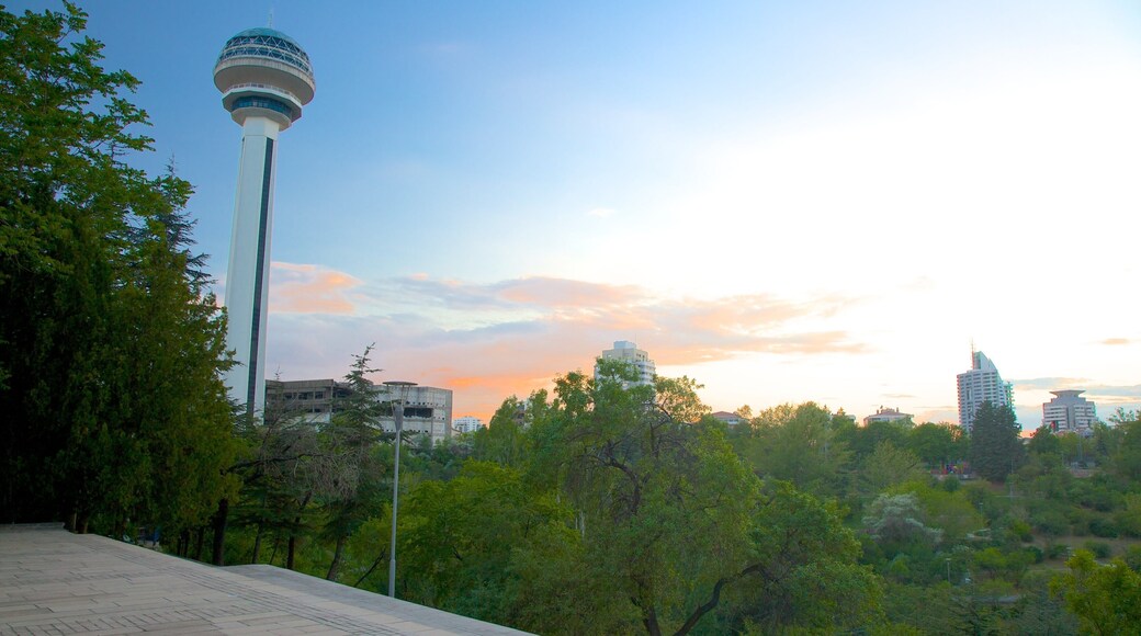 Atakule Tower featuring forests and a sunset