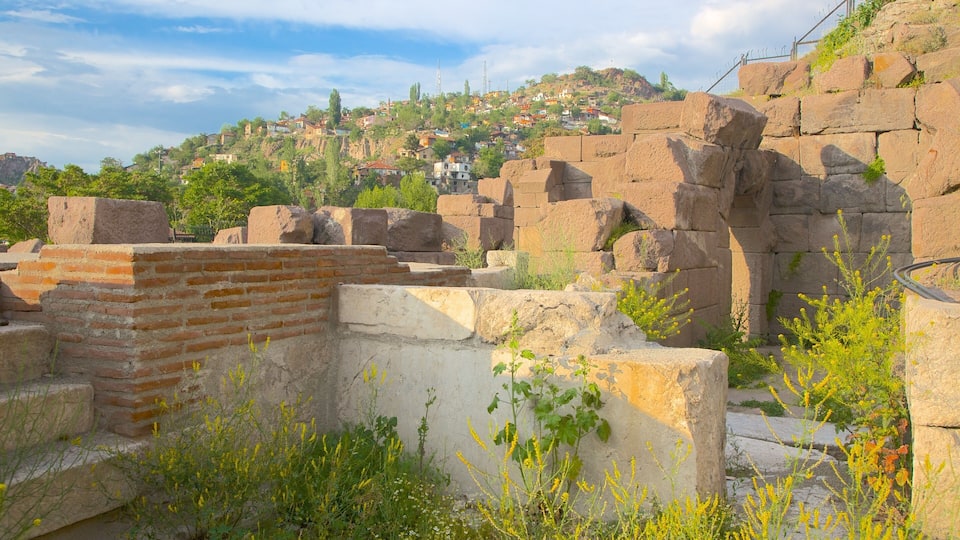 Ancient ruins with stone blocks and brick structures amidst greenery.