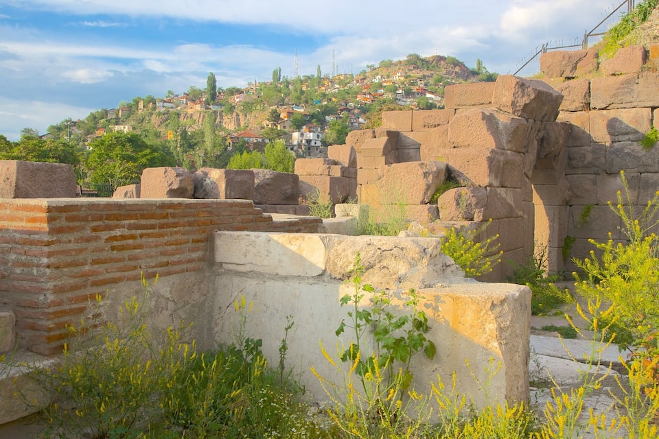 Ancient ruins with stone blocks and brick structures amidst greenery.