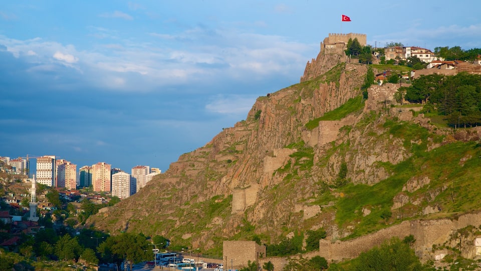 A cityscape with a prominent hill featuring a castle and a flag.