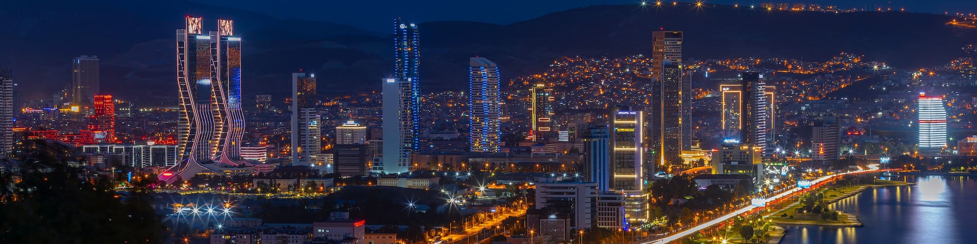 View of Izmir Bay in the evening from the high hill of Bayrakli. Long exposure, low light.