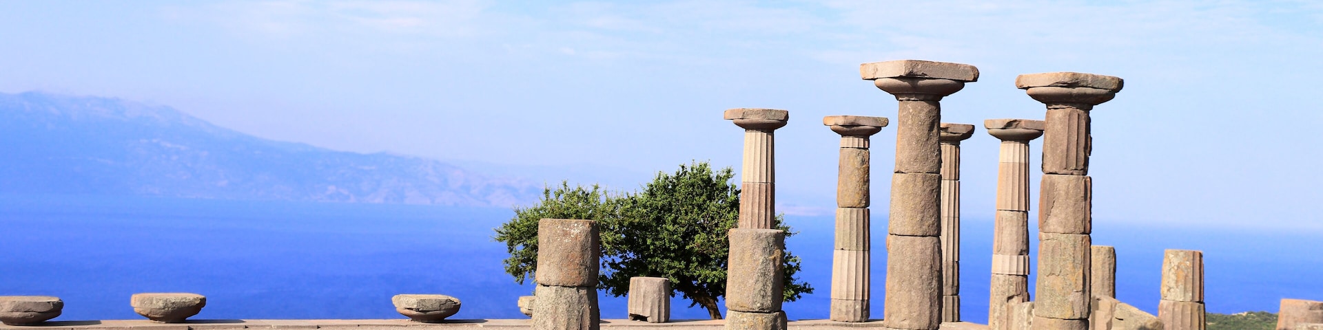 Ancient stone columns, a tree, and a distant mountain range.