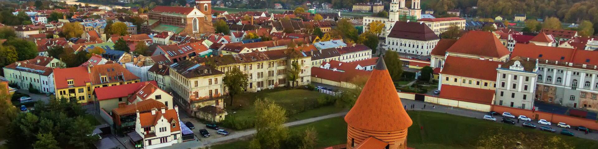 Kaunas, Lithuania: aerial top view of old town and castle